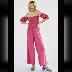 New $328 S/W/F FREE PEOPLE sz. S Breeze Off-The-Shoulder Jumpsuit Wide Leg